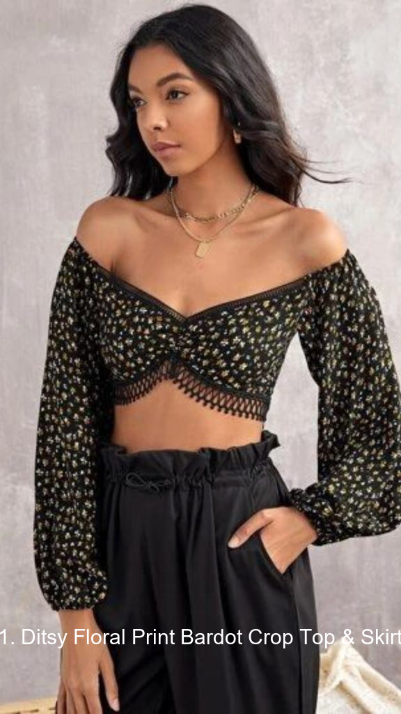 1. Ditsy Floral Print Bardot Crop Top & Skirt