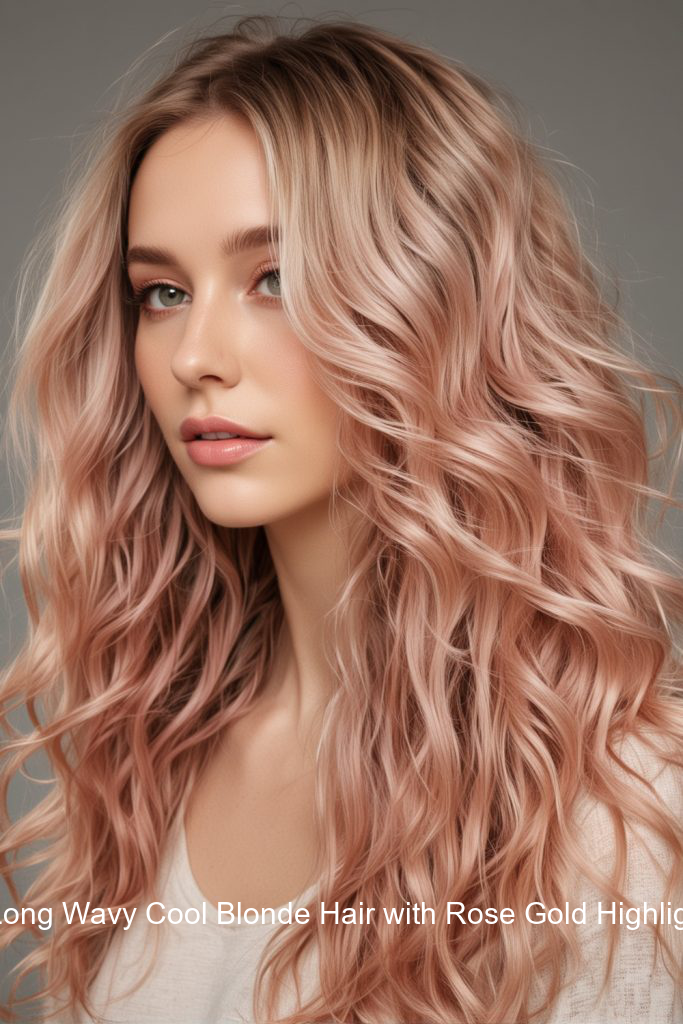 1. Long Wavy Cool Blonde Hair with Rose Gold Highlights