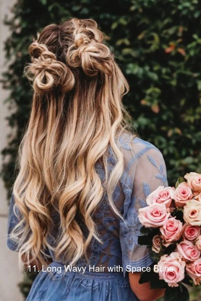 11. Long Wavy Hair with Space Buns