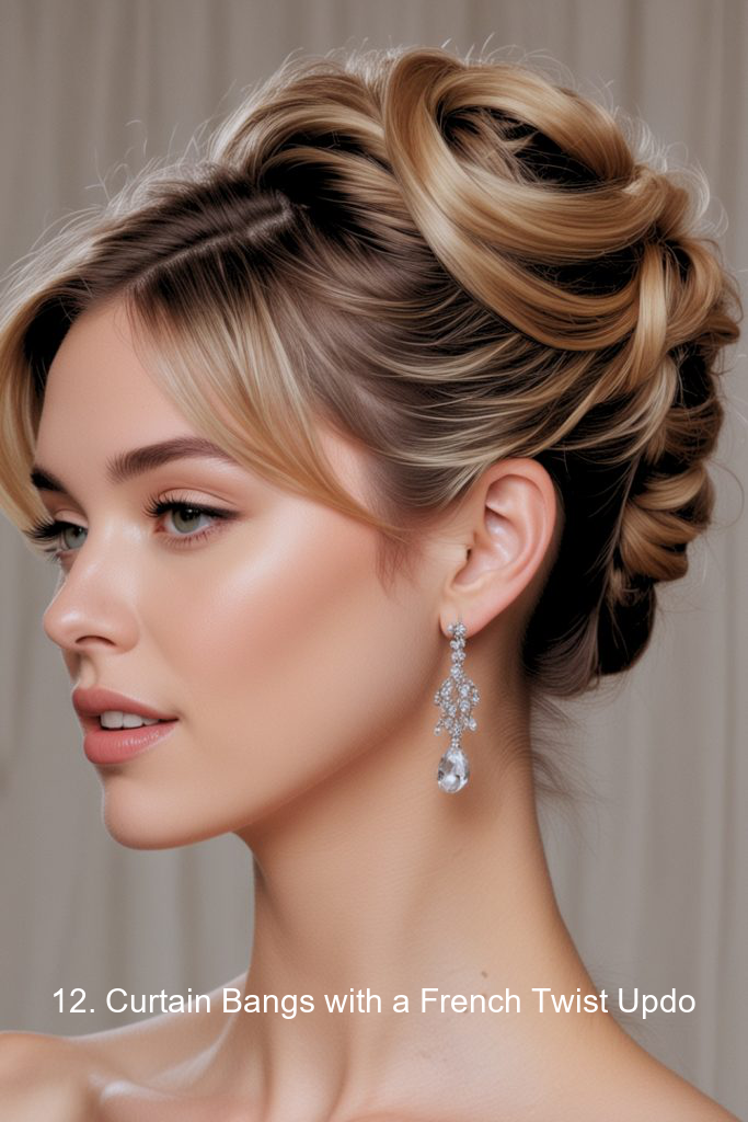 12. Curtain Bangs with a French Twist Updo