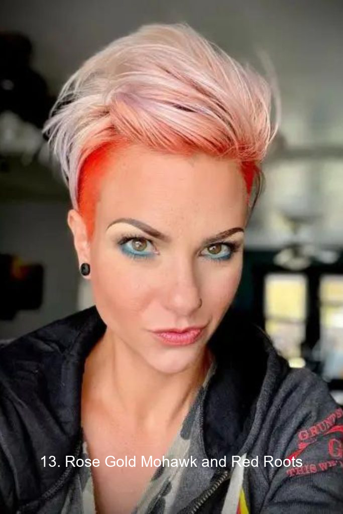 13. Rose Gold Mohawk and Red Roots