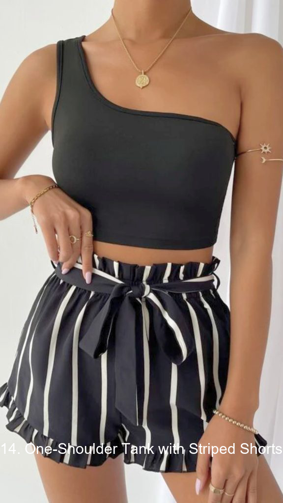 14. One-Shoulder Tank with Striped Shorts