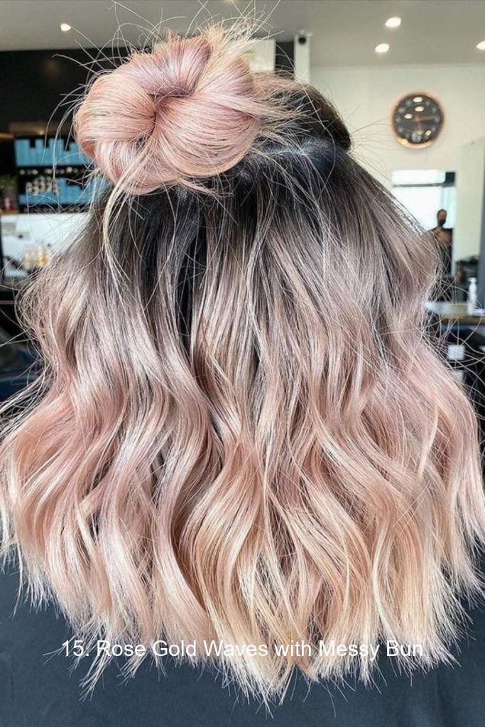 15. Rose Gold Waves with Messy Bun