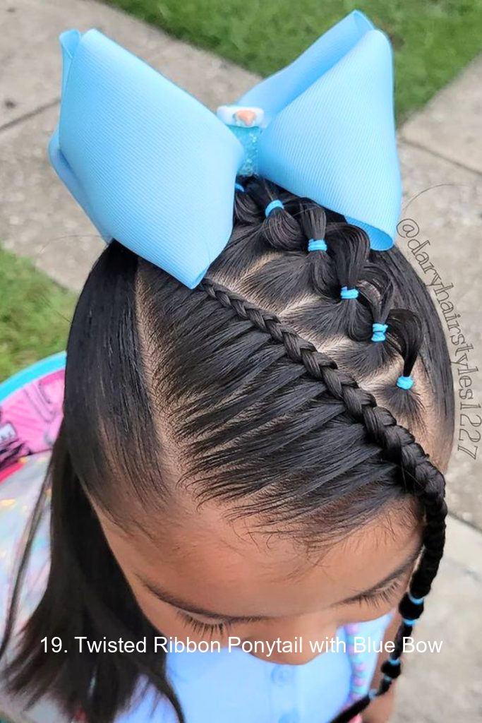 19. Twisted Ribbon Ponytail with Blue Bow