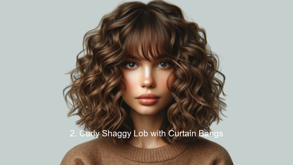 2. Curly Shaggy Lob with Curtain Bangs