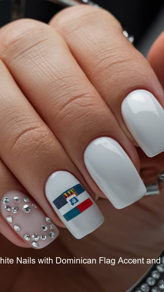 2. Square White Nails with Dominican Flag Accent and Rhinestones