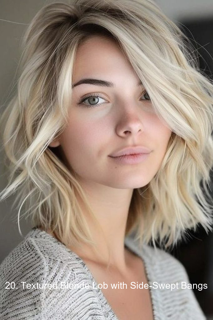 20. Textured Blonde Lob with Side-Swept Bangs