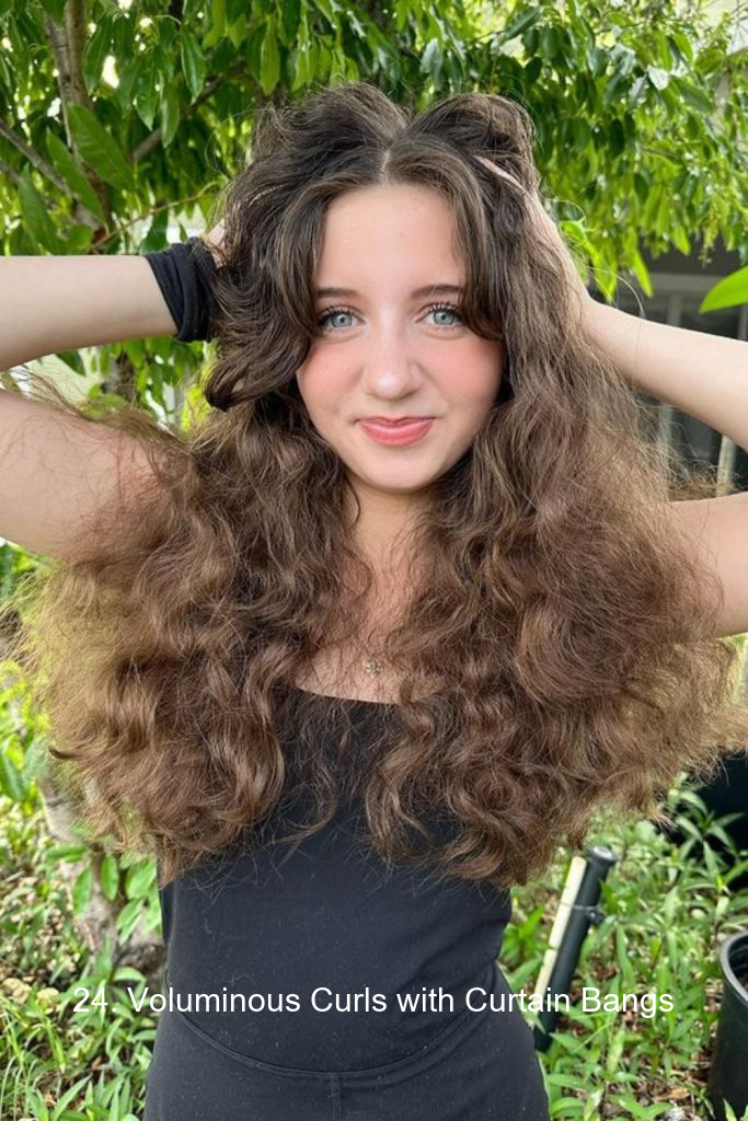 24. Voluminous Curls with Curtain Bangs