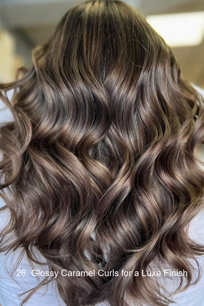 26. Glossy Caramel Curls for a Luxe Finish
