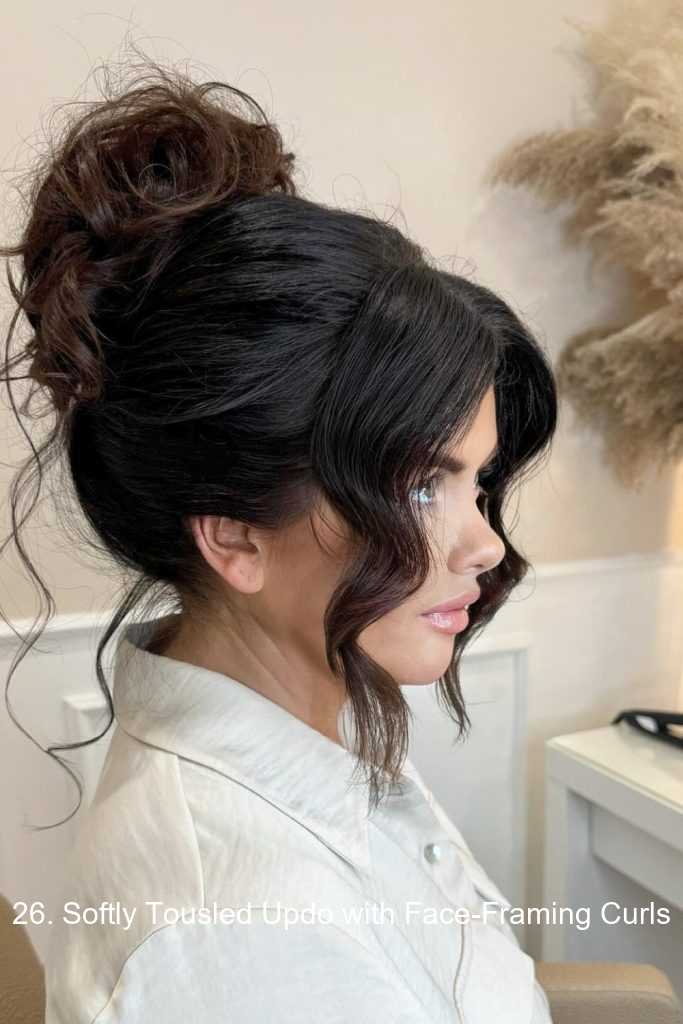 26. Softly Tousled Updo with Face-Framing Curls
