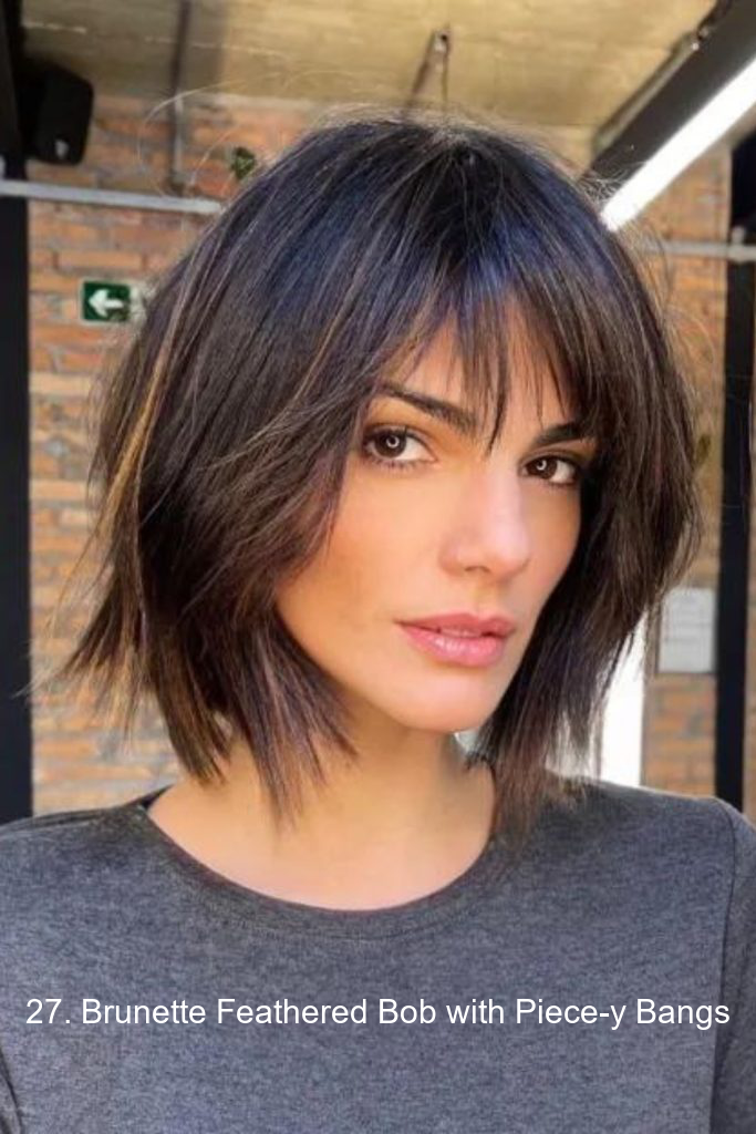 27. Brunette Feathered Bob with Piece-y Bangs