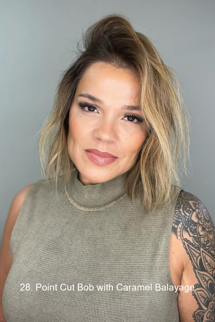 28. Point Cut Bob with Caramel Balayage