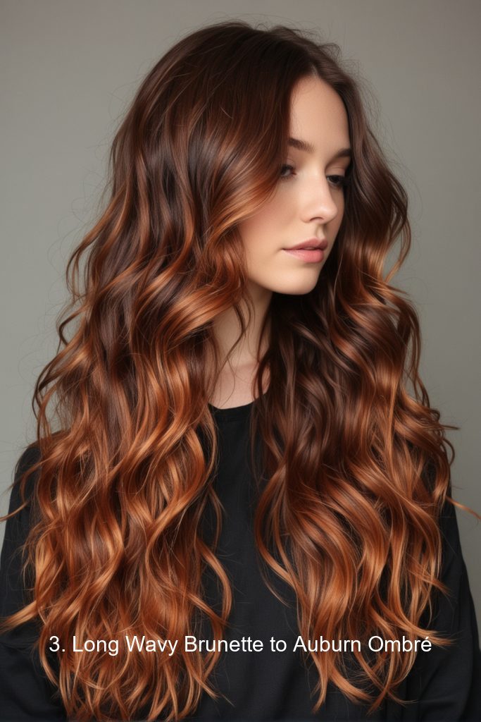 3. Long Wavy Brunette to Auburn Ombré