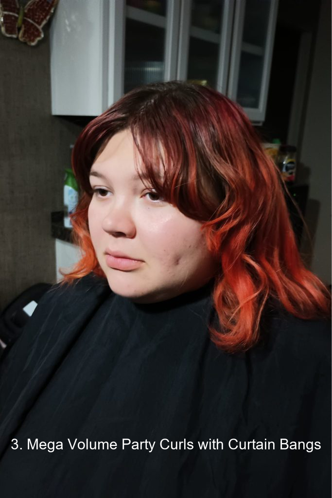 3. Mega Volume Party Curls with Curtain Bangs