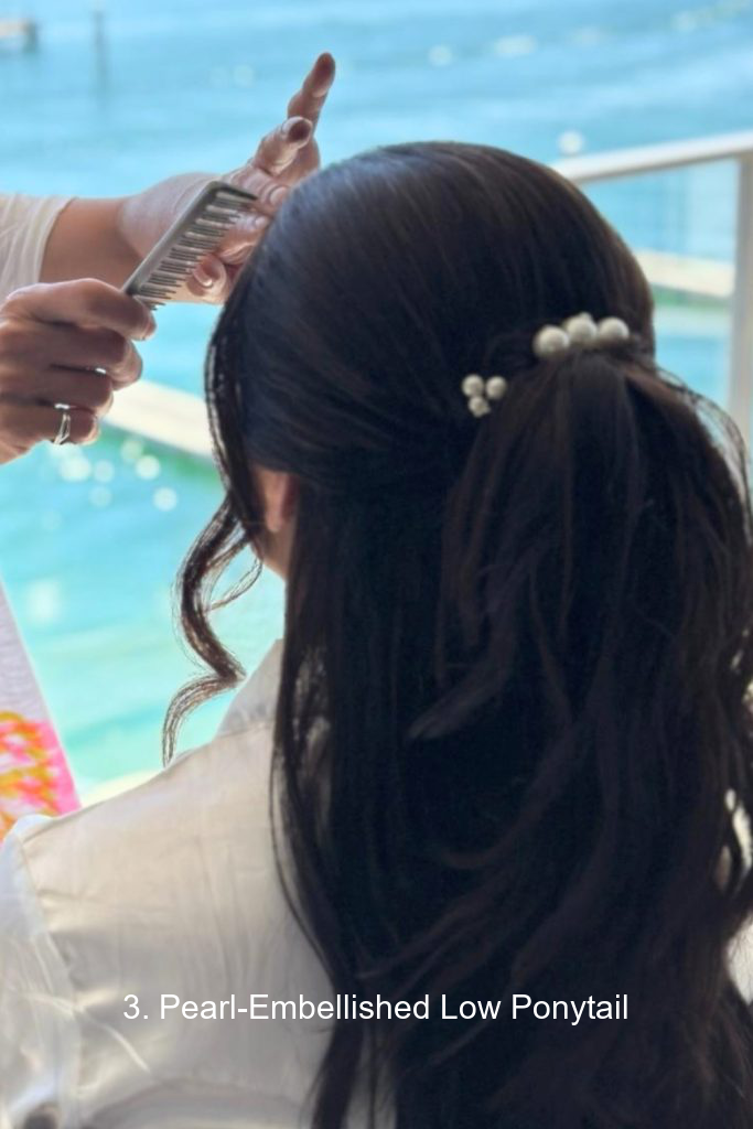 3. Pearl-Embellished Low Ponytail