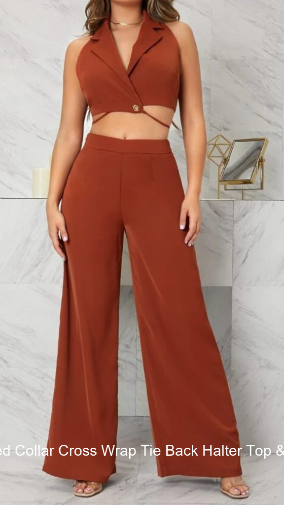 3. SHEIN Notched Collar Cross Wrap Tie Back Halter Top & Wide Leg Pants