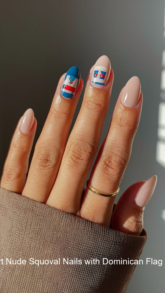 3. Short Nude Squoval Nails with Dominican Flag Accent