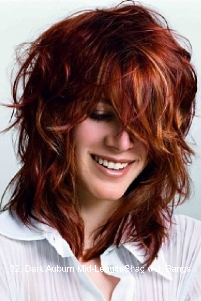32. Dark Auburn Mid-Length Shag with Bangs