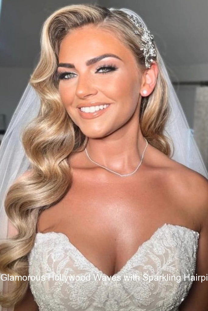 33. Glamorous Hollywood Waves with Sparkling Hairpiece
