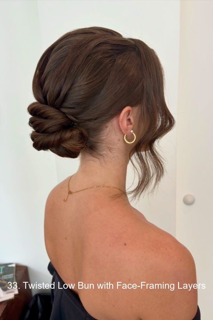 33. Twisted Low Bun with Face-Framing Layers