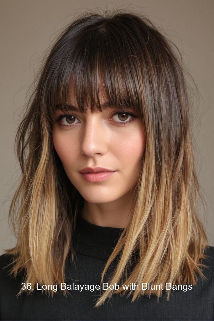 36. Long Balayage Bob with Blunt Bangs