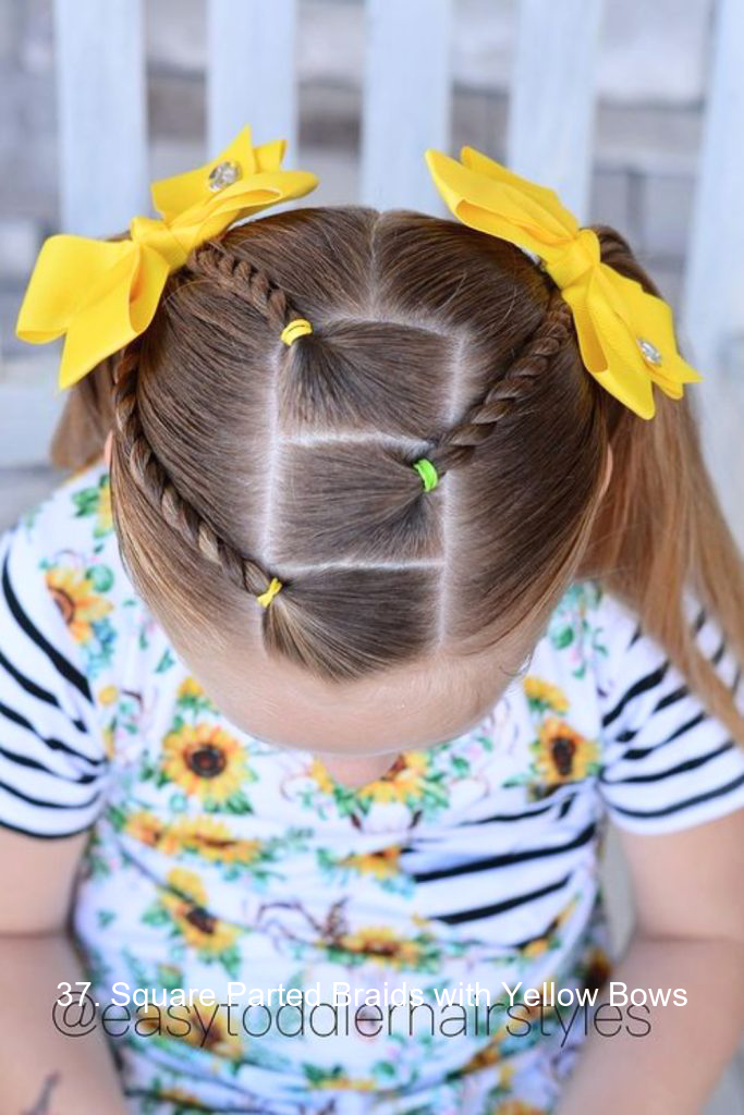 37. Square Parted Braids with Yellow Bows