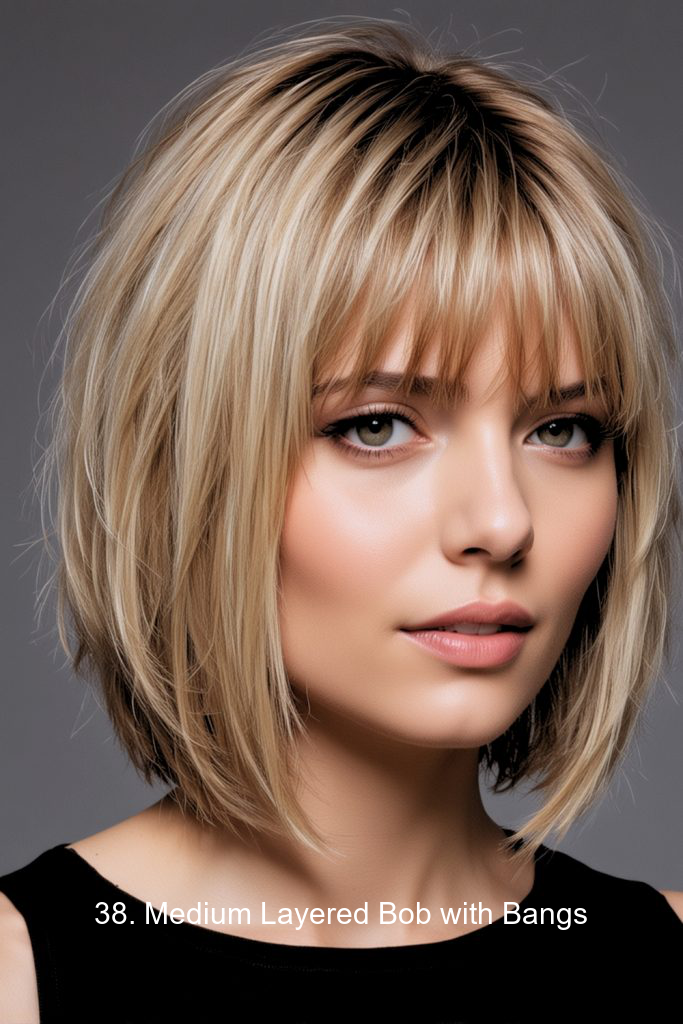 38. Medium Layered Bob with Bangs
