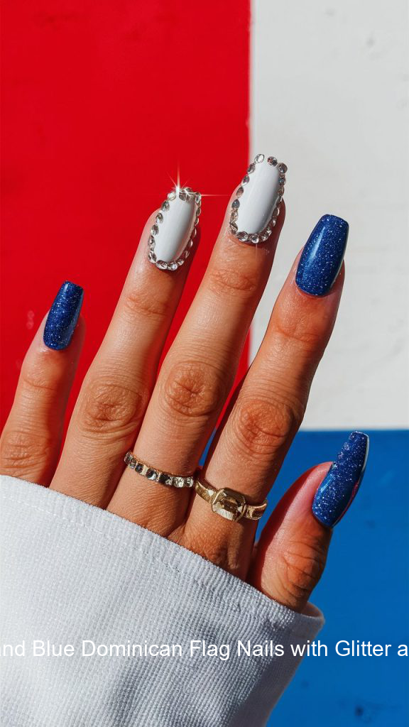 4. Red, White, and Blue Dominican Flag Nails with Glitter and Rhinestones