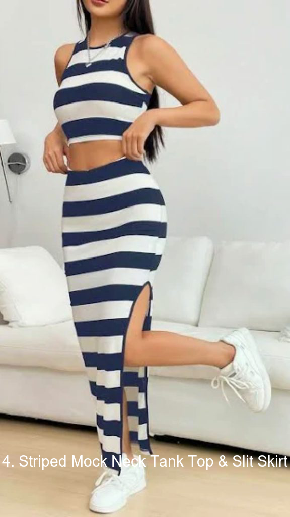 4. Striped Mock Neck Tank Top & Slit Skirt