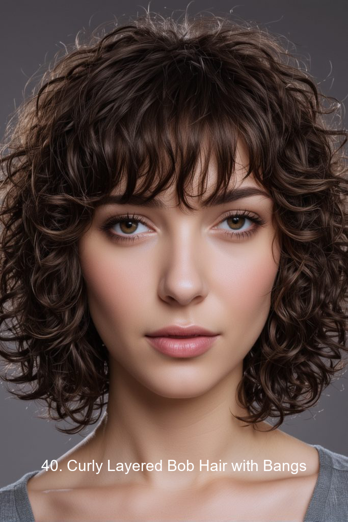 40. Curly Layered Bob Hair with Bangs