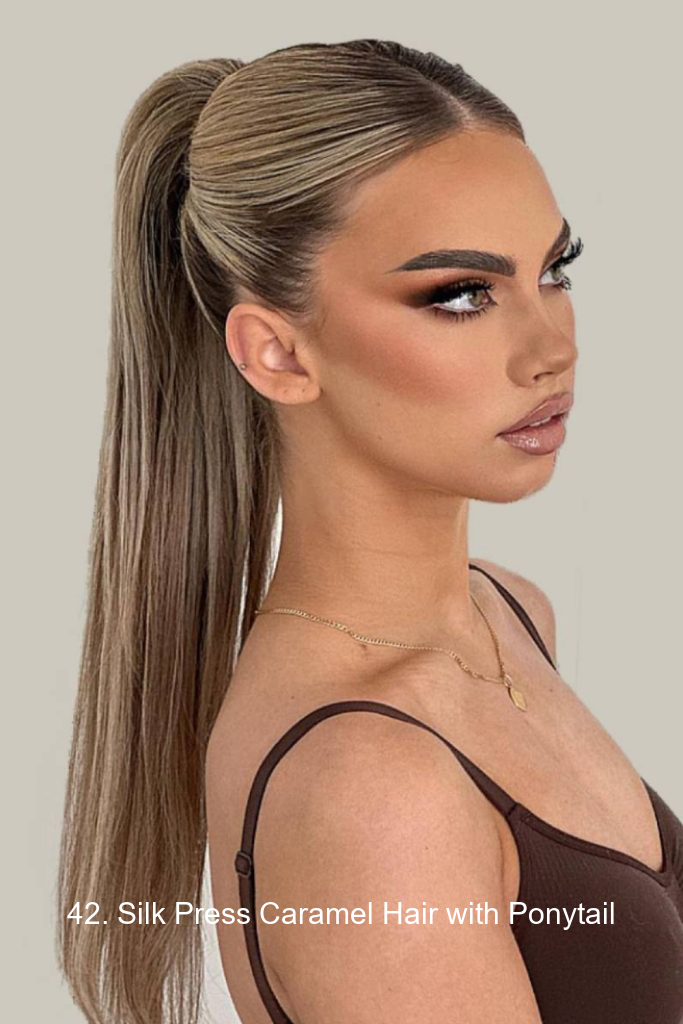 42. Silk Press Caramel Hair with Ponytail