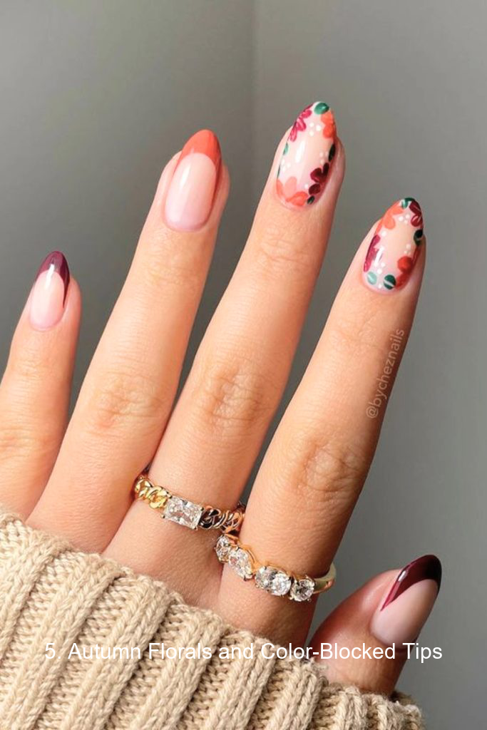 5. Autumn Florals and Color-Blocked Tips