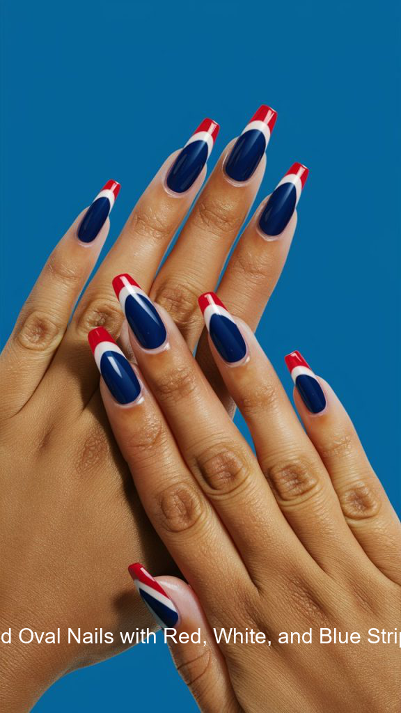 5. Blue and Red Oval Nails with Red, White, and Blue Striped French Tip
