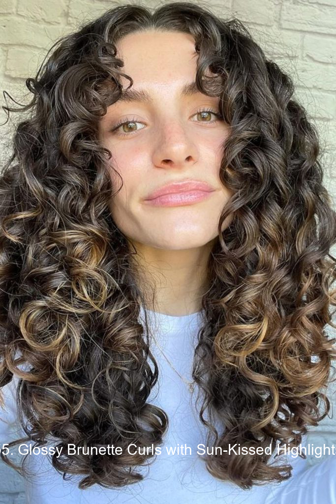 55. Glossy Brunette Curls with Sun-Kissed Highlights