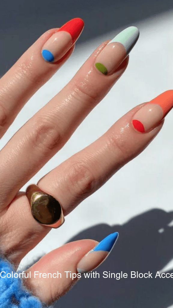 6. Colorful French Tips with Single Block Accent