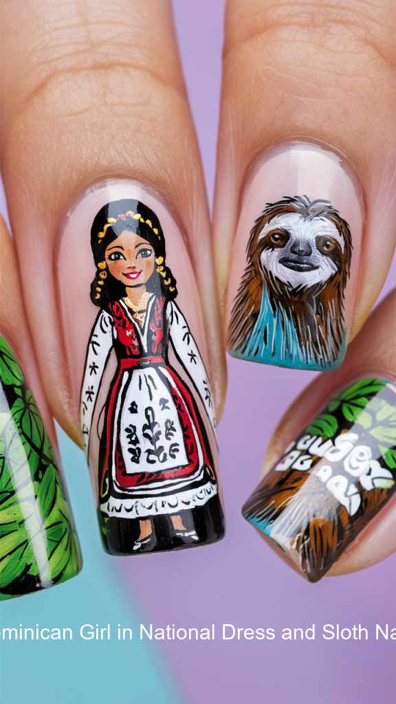 6. Dominican Girl in National Dress and Sloth Nail Art