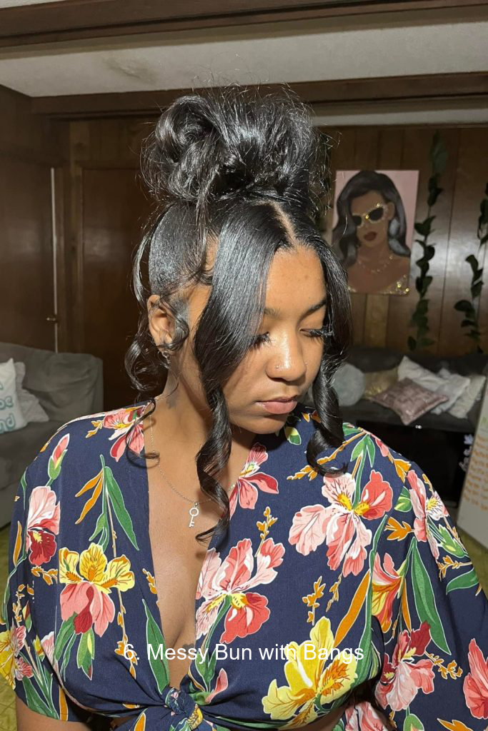 6. Messy Bun with Bangs