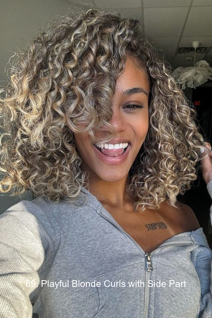 69. Playful Blonde Curls with Side Part