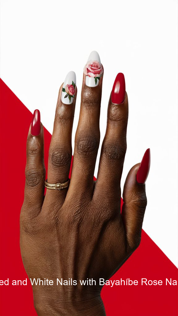 7. Red and White Nails with Bayahíbe Rose Nail Art