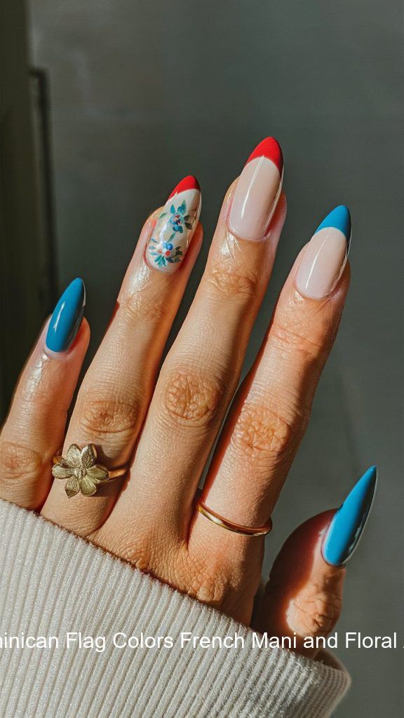 8. Dominican Flag Colors French Mani and Floral Accent