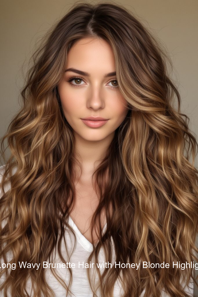 8. Long Wavy Brunette Hair with Honey Blonde Highlights