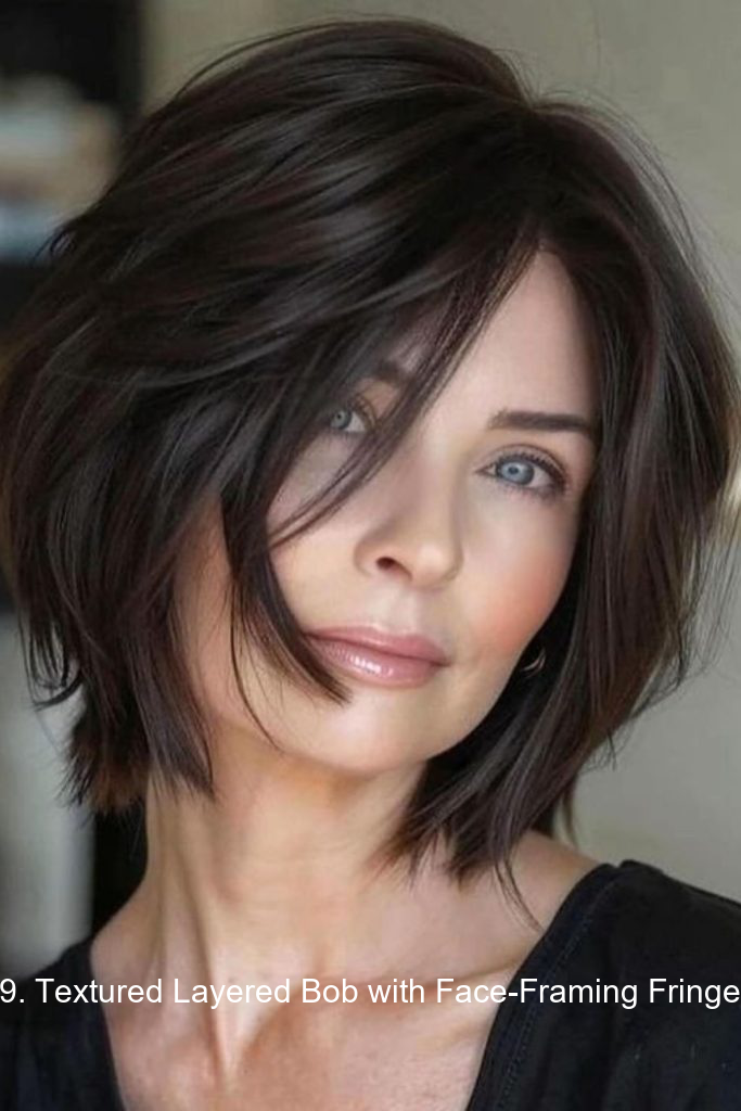 9. Textured Layered Bob with Face-Framing Fringe