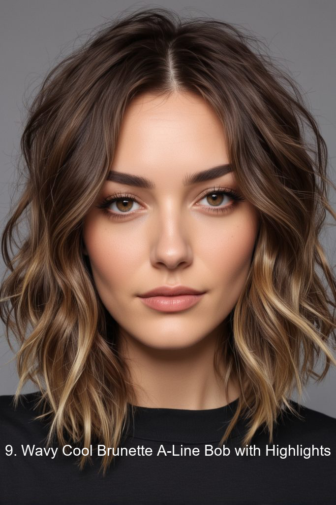 9. Wavy Cool Brunette A-Line Bob with Highlights
